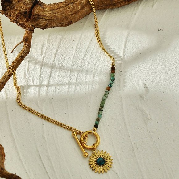Boho-Chic McKENZIE Necklace - Natural Blue Stone & Gold - Ornate Sun Pendant - Picture 8 of 8